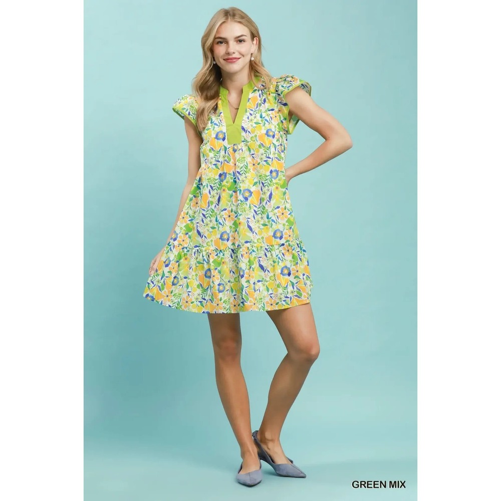Umgee Floral Flutter Sleeve Tiered Mini Dress - Green Mix - Small - Picture 5 of 5